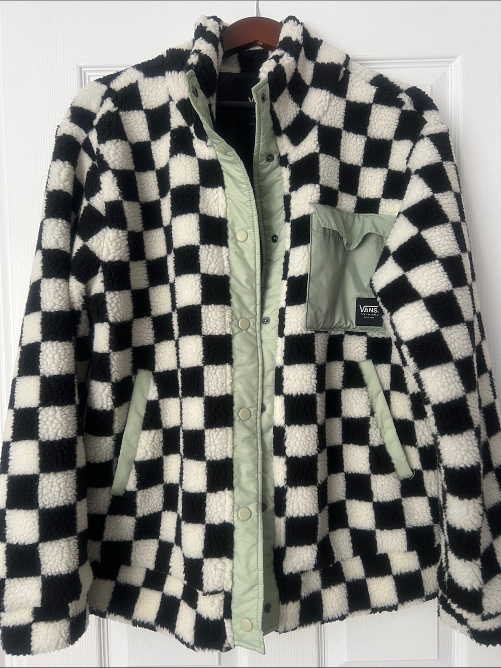 Vans Checkerboard Sherpa Jacket Large Women's Embers Teddy Green Accents